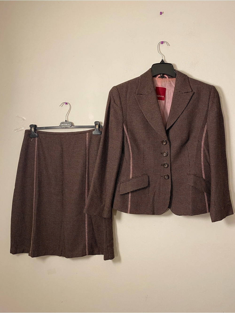 Tailored Brown Houndstooth Blazer & Skirt Set with Pink Trim